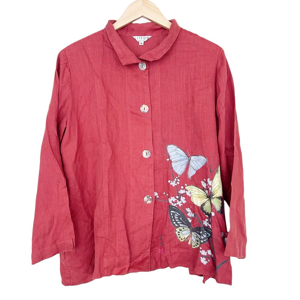 Citron Santa Monica Orange Butterfly 100% Linen Button Front Top Sz M
